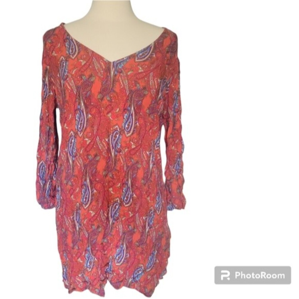 Venus Red&Blue Paisley Long Sleeve Shift Dress -12